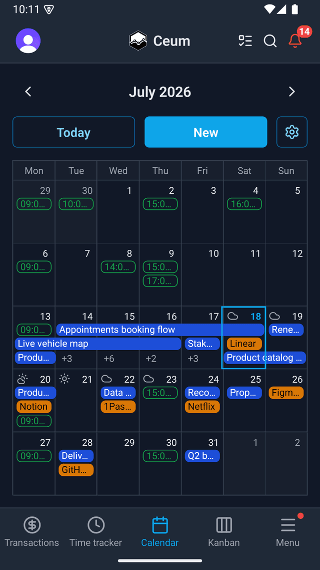 The calendar on mobile, with tasks, events and renewals together