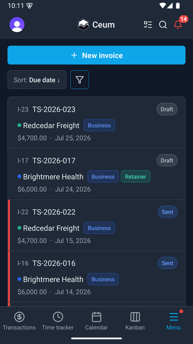 The invoice list on mobile