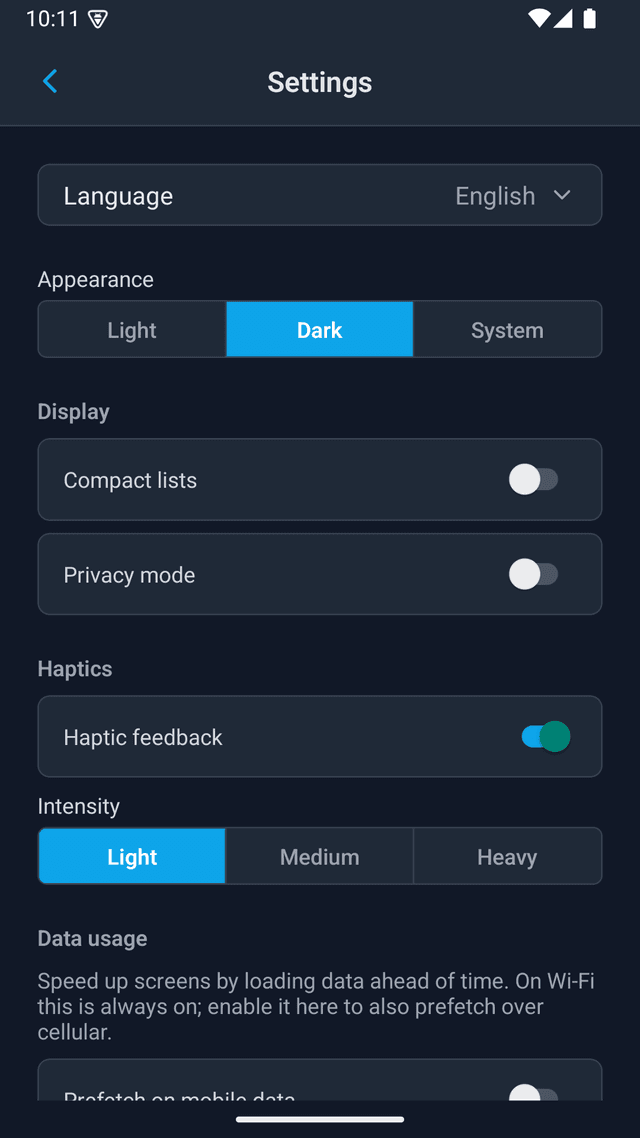 Settings on mobile