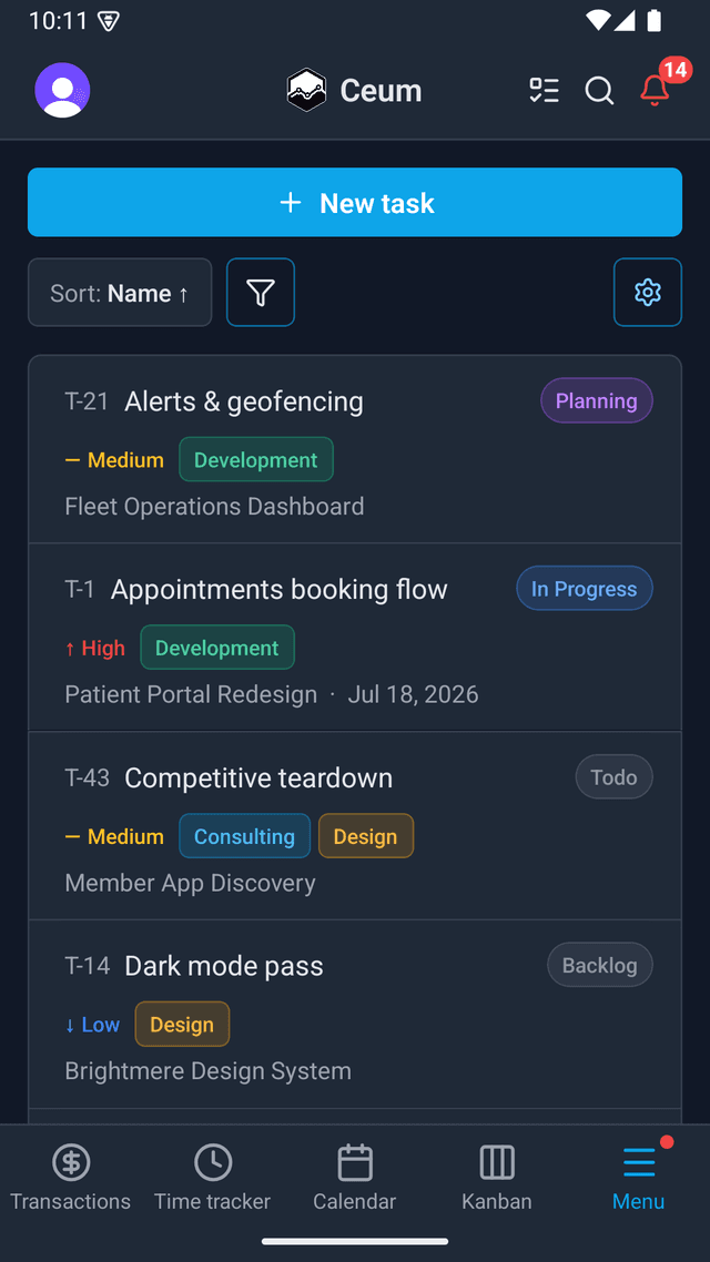 The task list on mobile