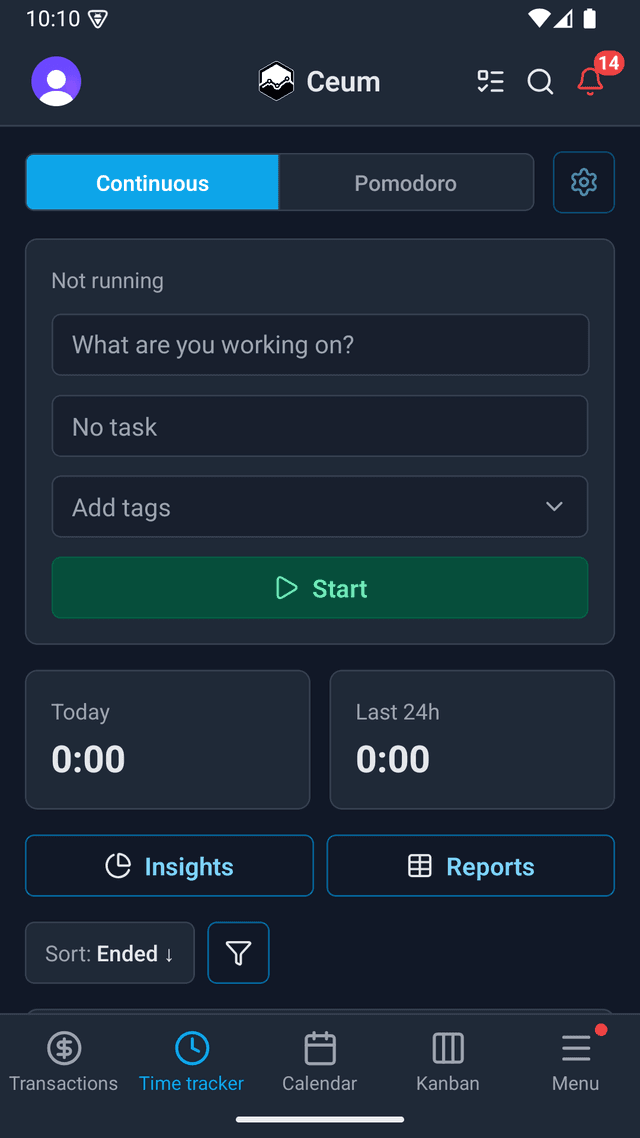 The time tracker on mobile, with a running timer