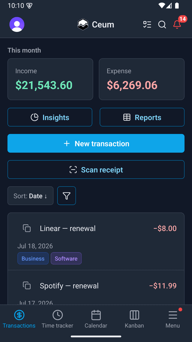 Income and expenses on mobile