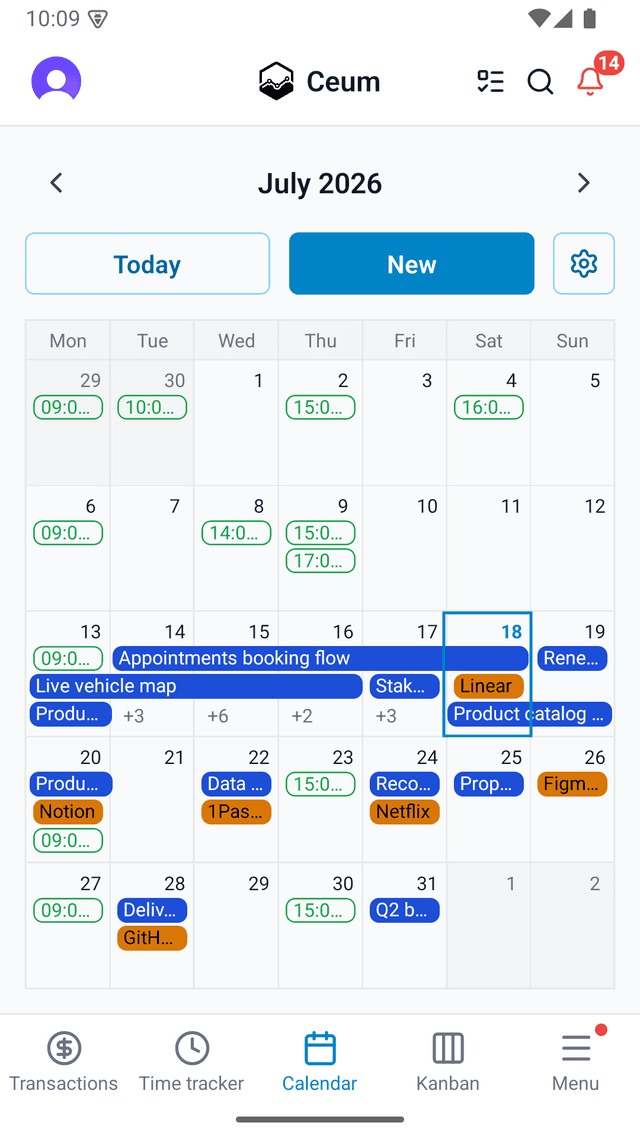 The calendar on mobile, with tasks, events and renewals together