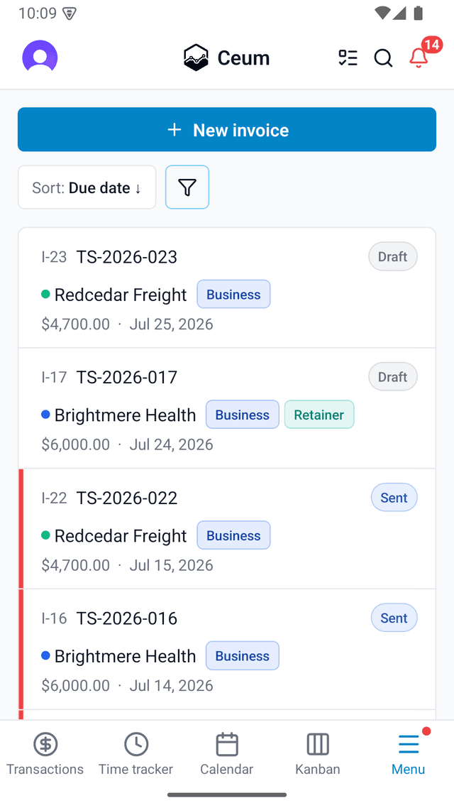 The invoice list on mobile