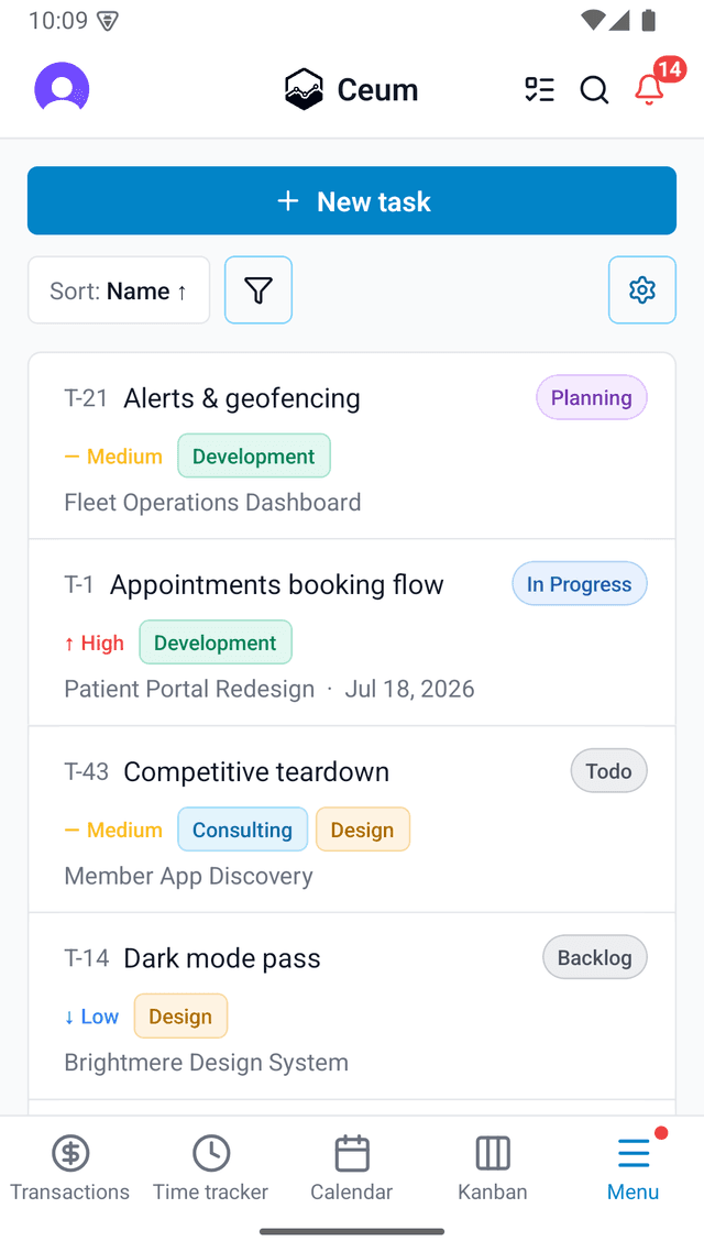 The task list on mobile