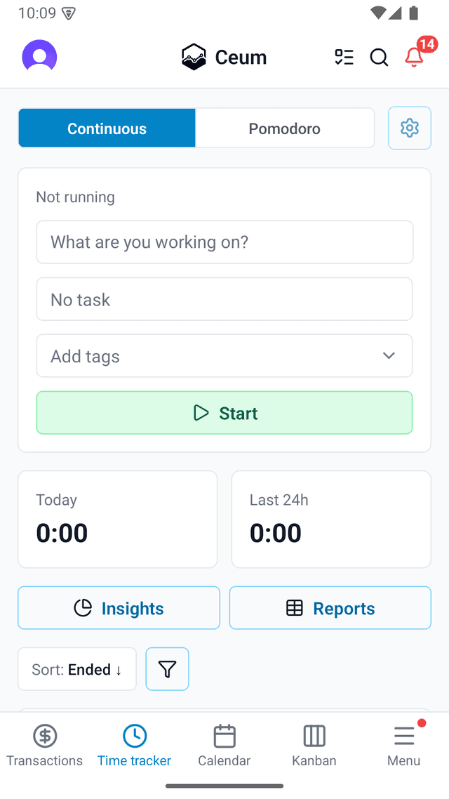 The time tracker on mobile, with a running timer