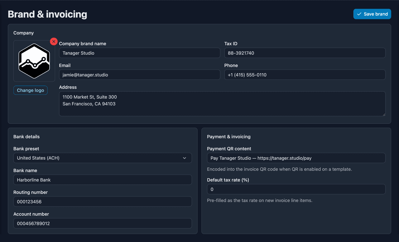 Brand settings — logo and colours applied across invoices and documents