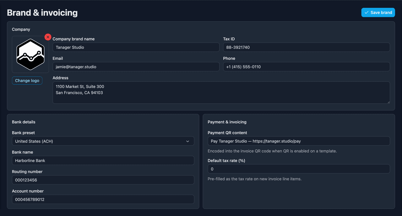 Brand settings — logo and colours applied across invoices and documents