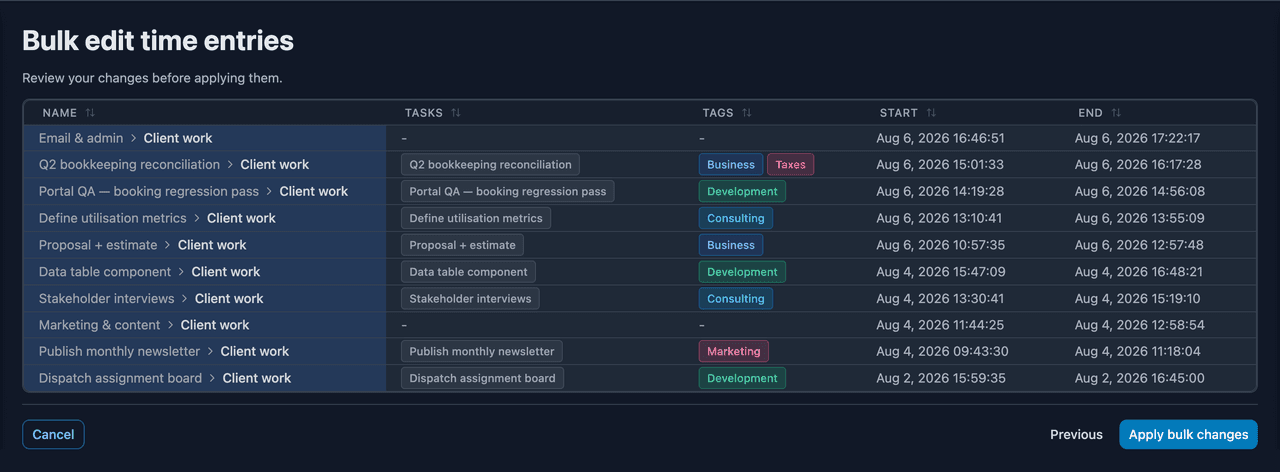 Reviewing the bulk time-entry changes before applying them