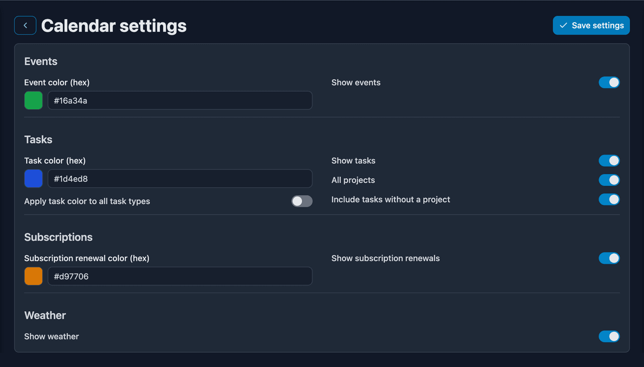 Calendar settings, with layer colours and imported calendars