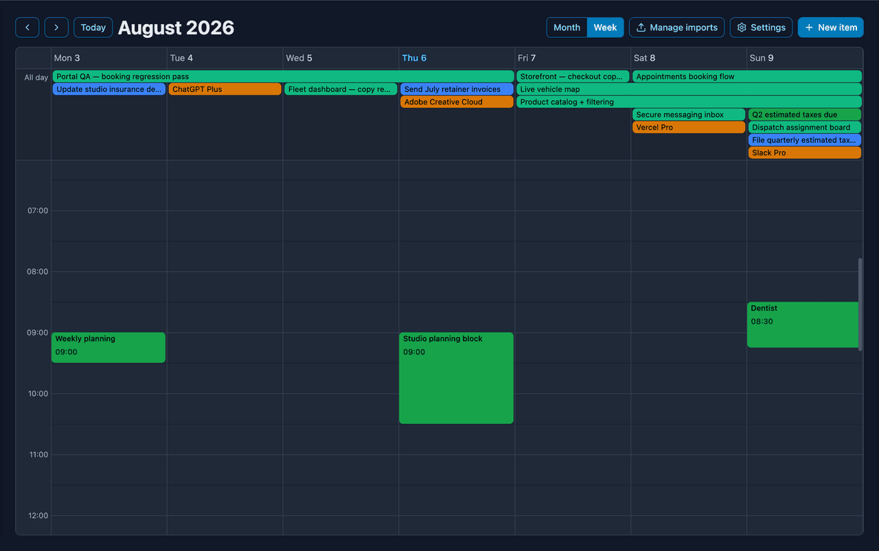 The calendar in week view