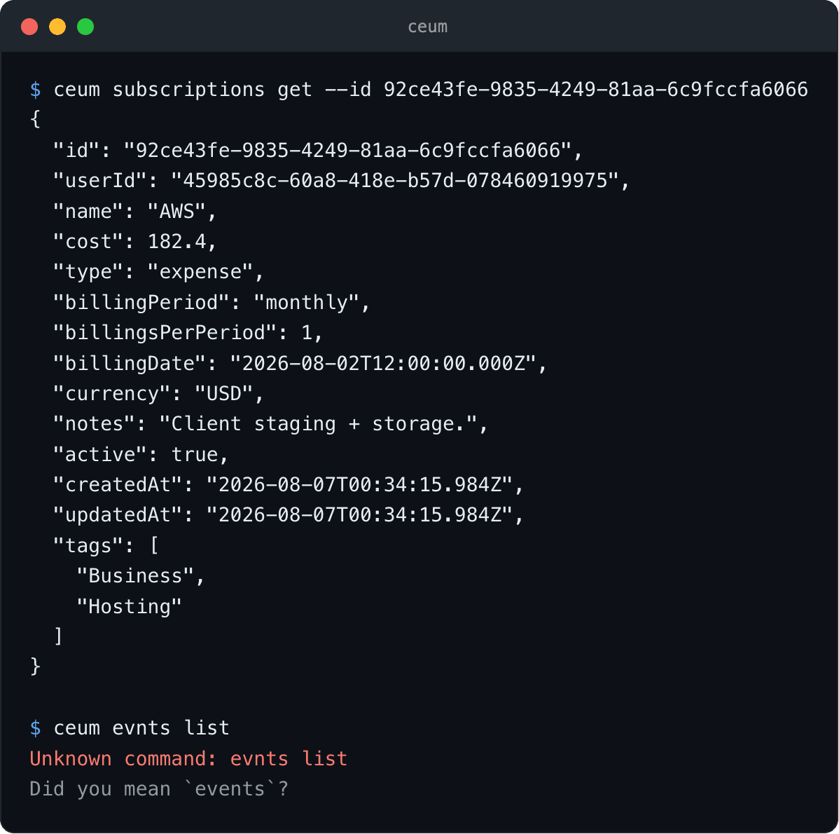 The ceum CLI printing one invoice as JSON, and an unknown command answered with a suggestion