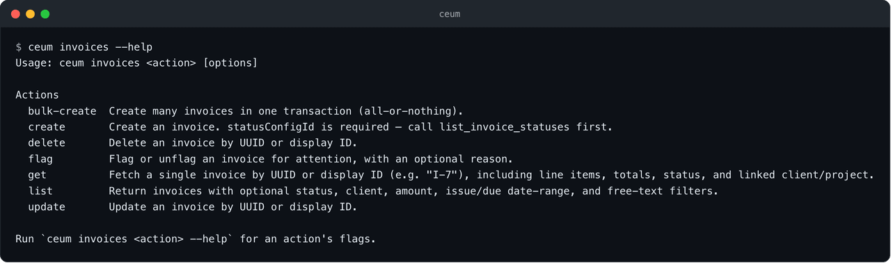 ceum invoices --help, listing the actions available on one resource