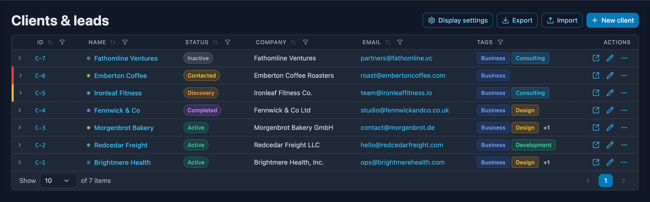 The clients and leads list, with each one's status, company and contact