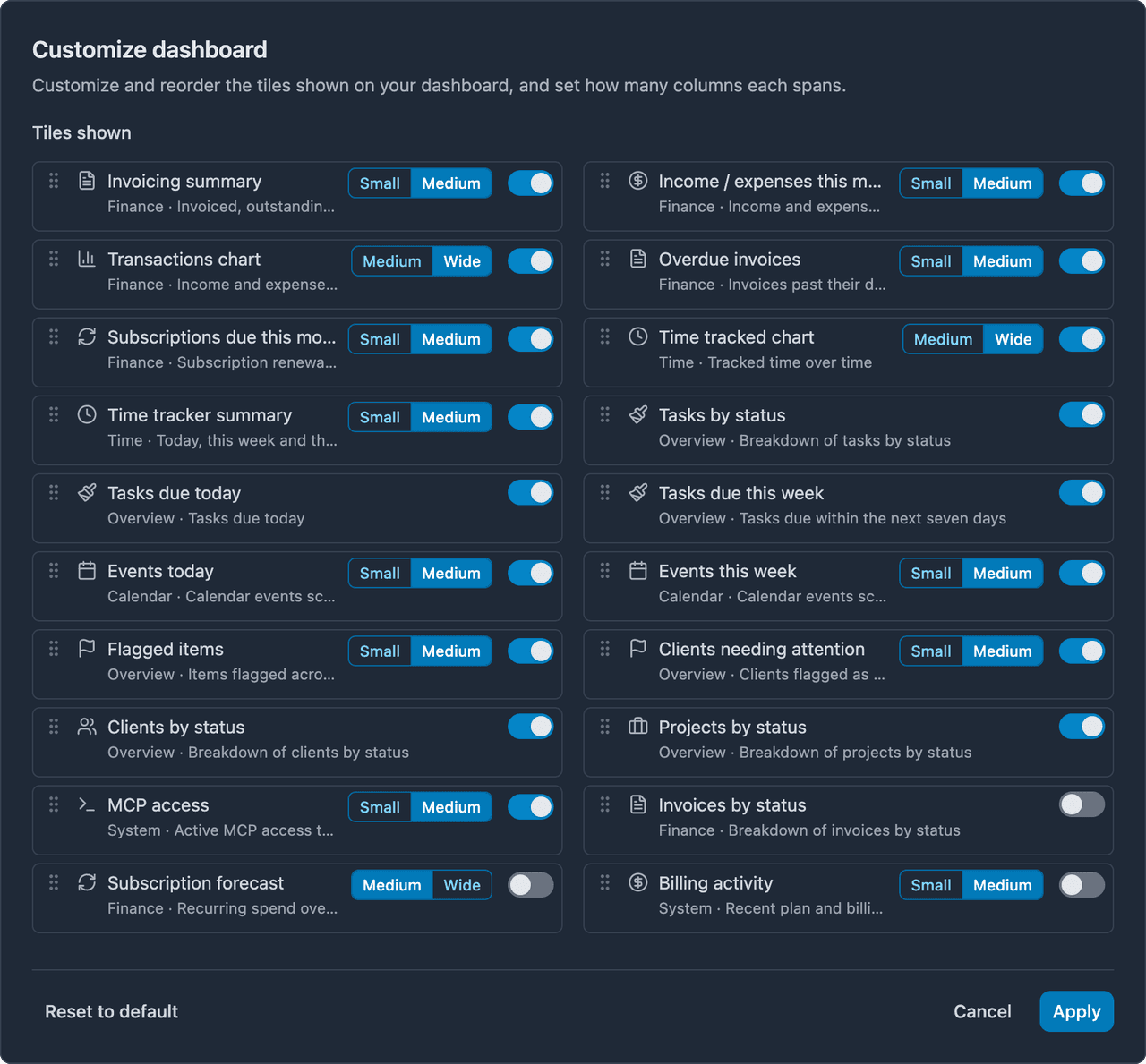 Customizing the dashboard — choosing which tiles appear, how wide they are, and in what order