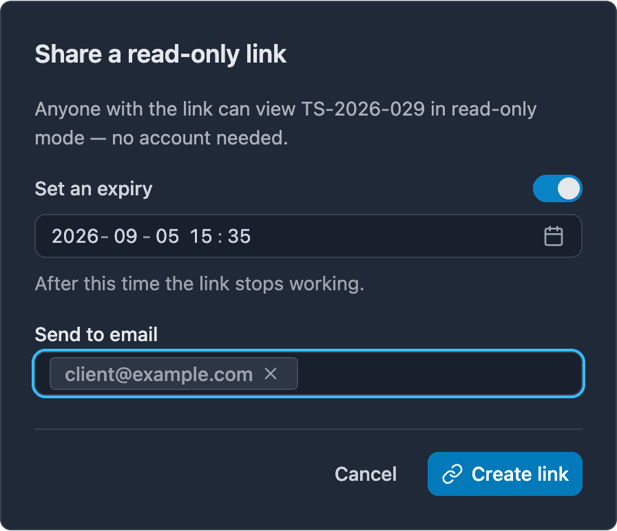 Creating a share link, choosing expiry and access before sharing