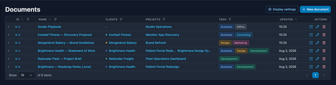 The document list, with the clients and projects each document belongs to