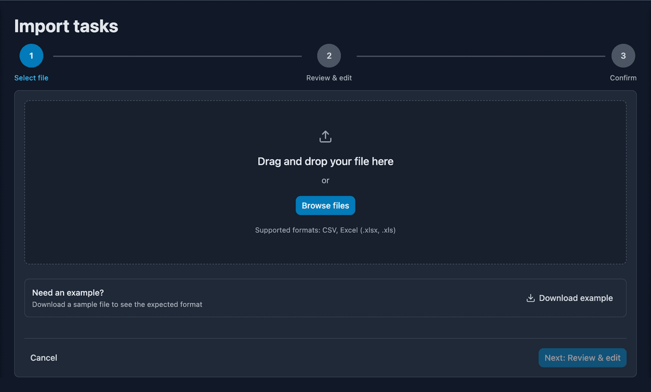 Importing tasks from a file, at the upload step
