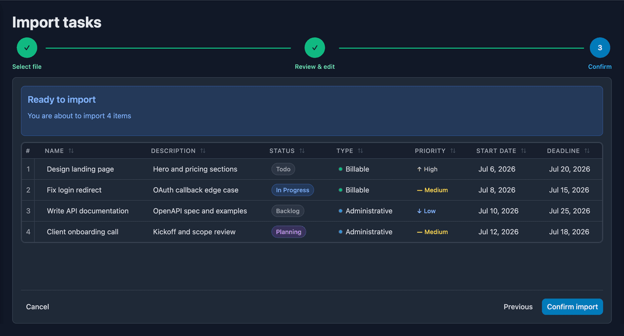 Confirming the tasks to import before they are created