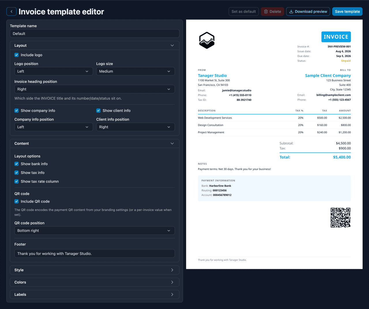 The invoice template editor