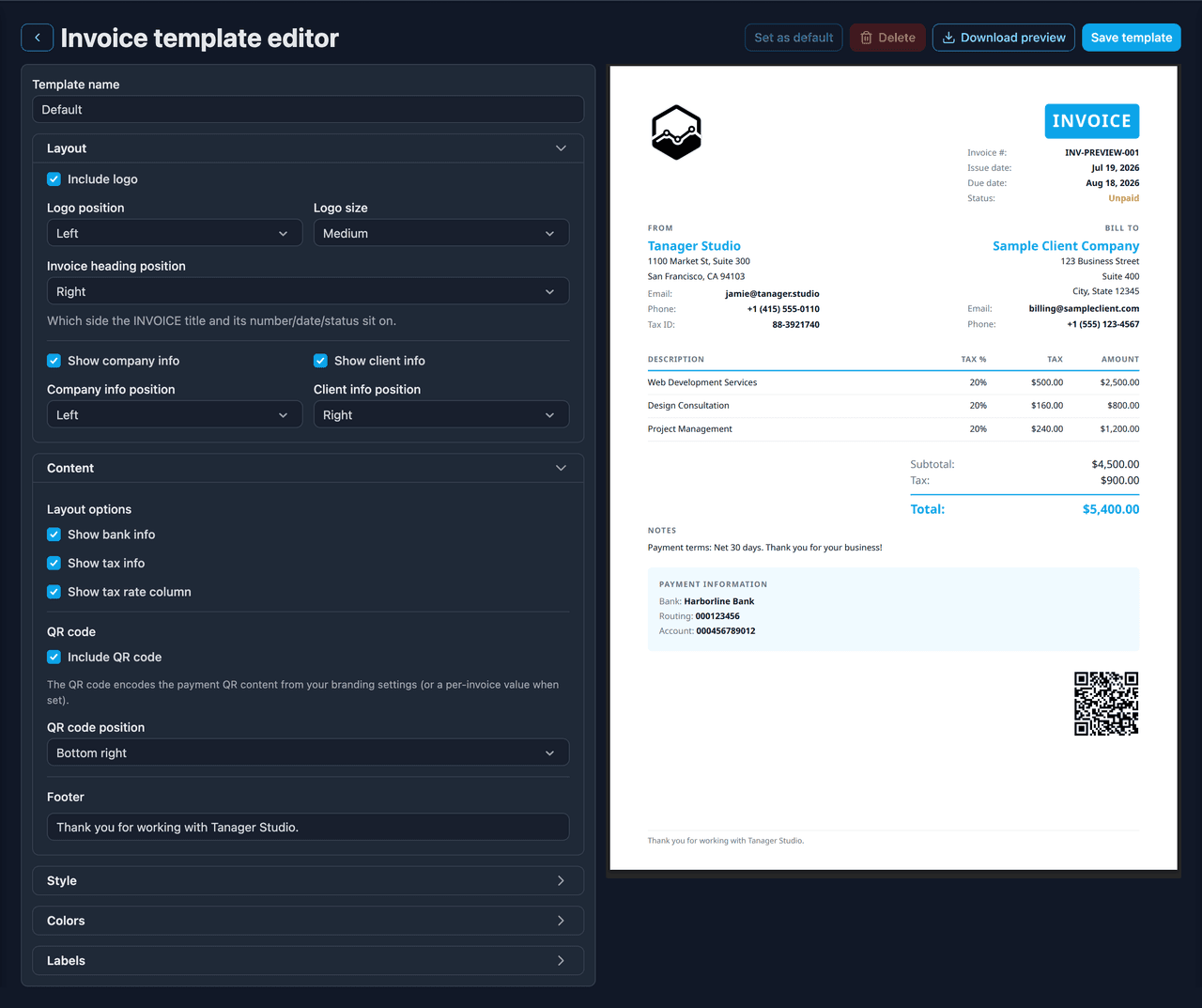 The invoice template editor