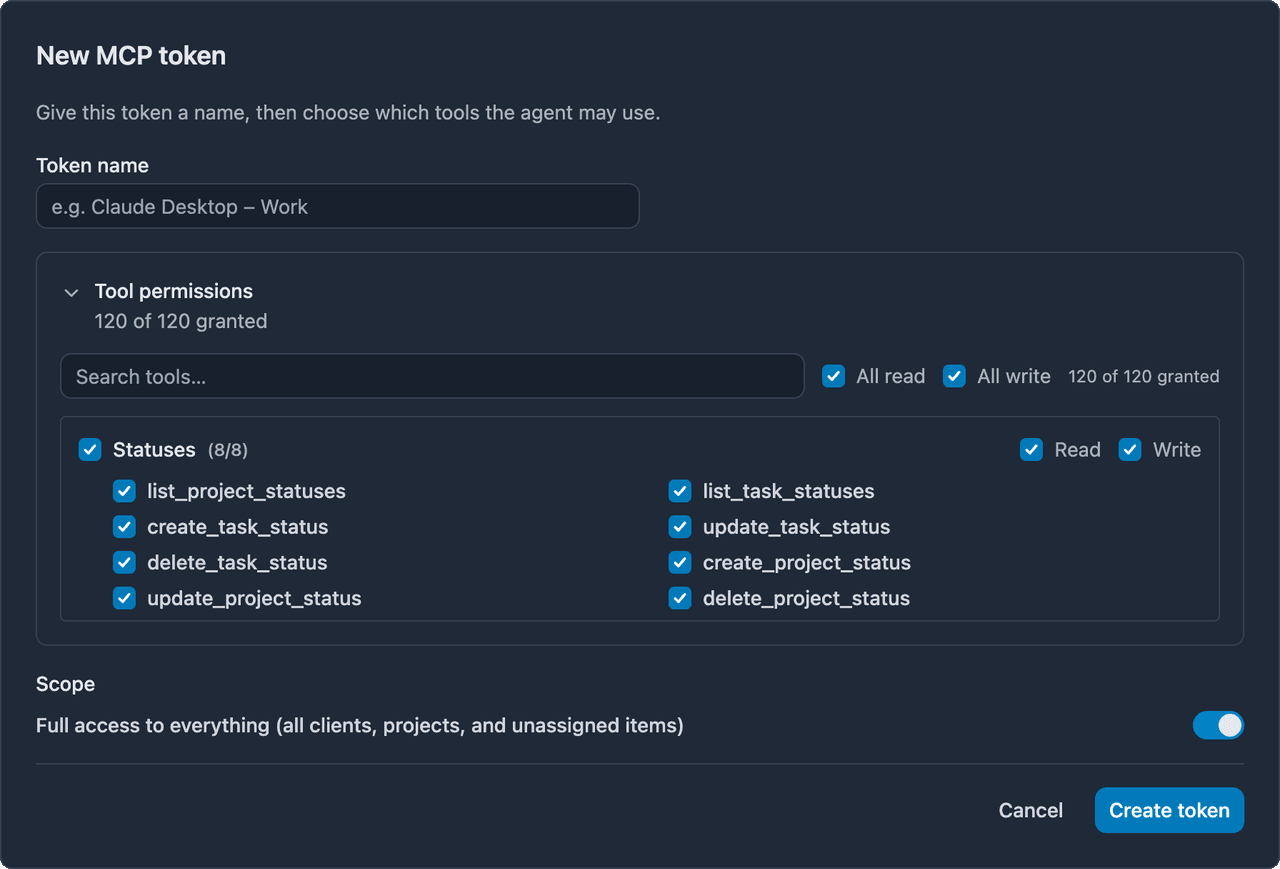 The MCP access screen, with token scopes and per-resource permissions