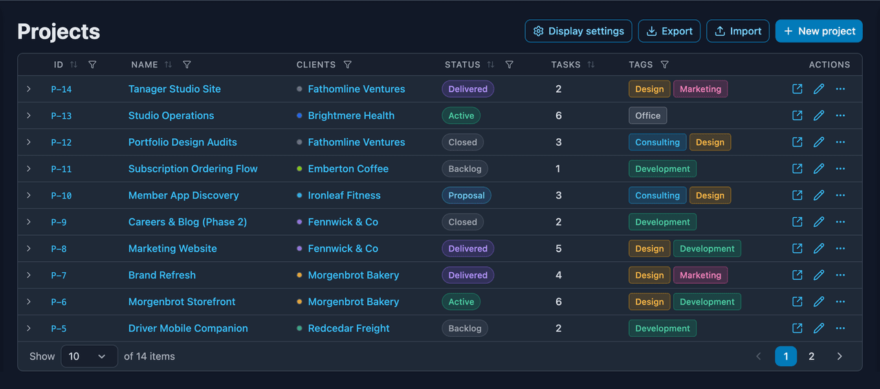 The project list, with each project's client, status, task count and tags