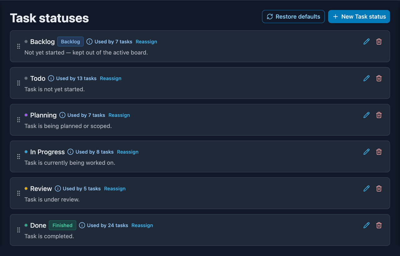 Configurable task statuses in settings