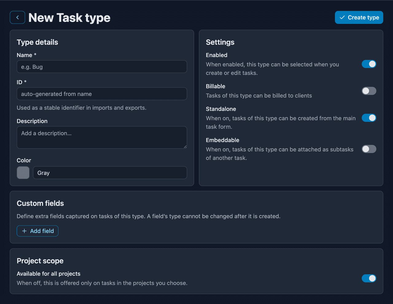 The task type form, defining behaviour flags and custom fields