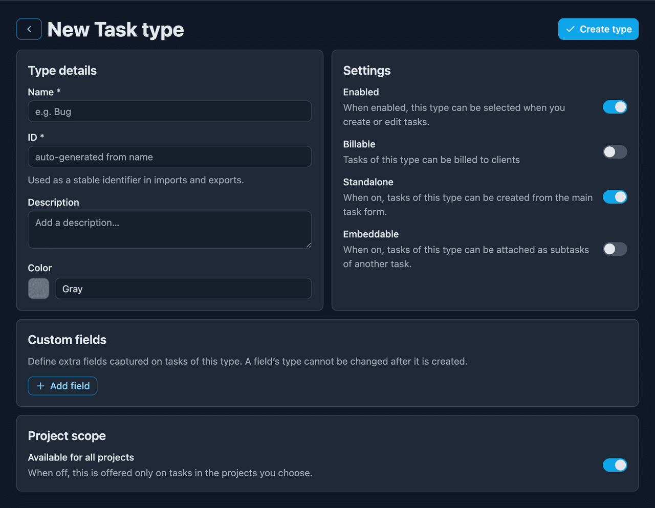 The task type form, defining behaviour flags and custom fields