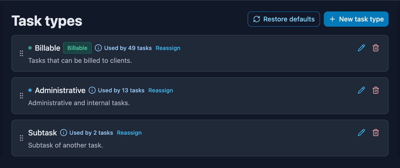 Configurable task types in settings