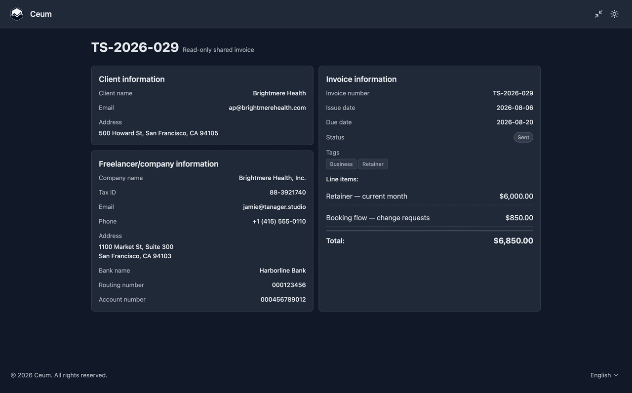 A client opening a shared invoice with no account — line items, totals and bank details, read only