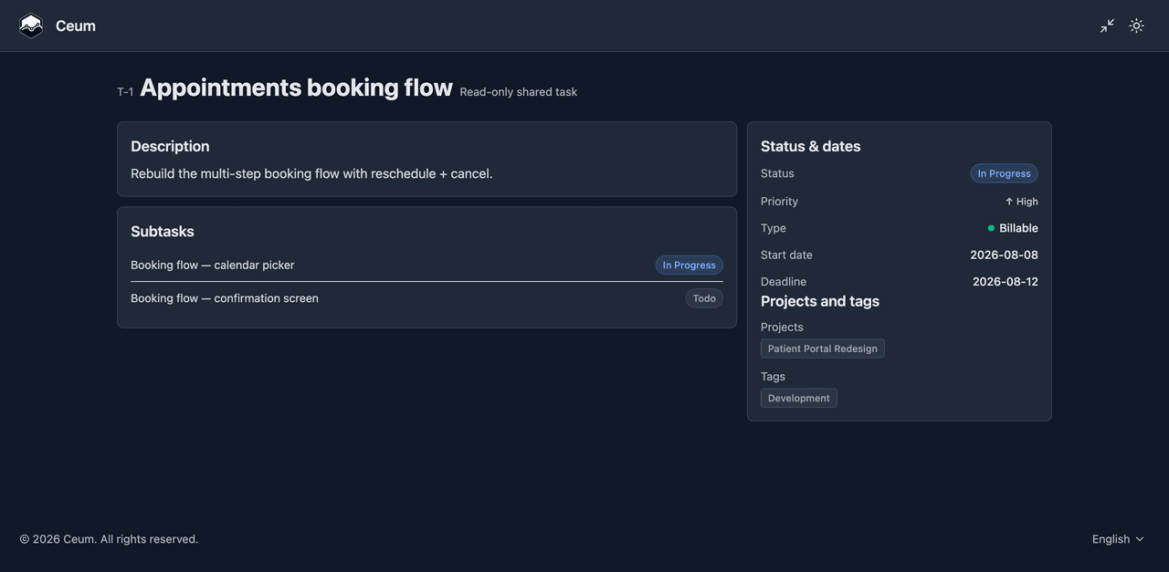 A shared task opened without an account, with its subtasks and dates