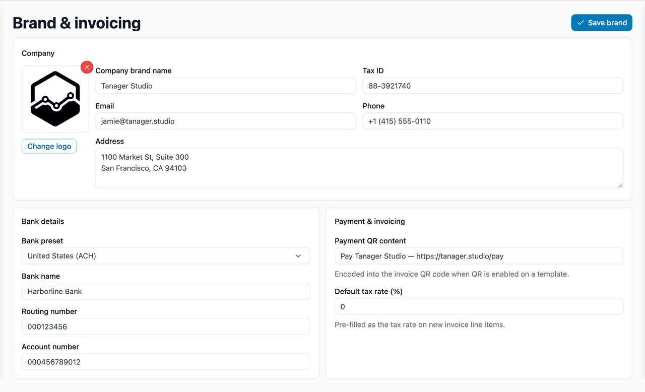 Brand settings — logo and colours applied across invoices and documents