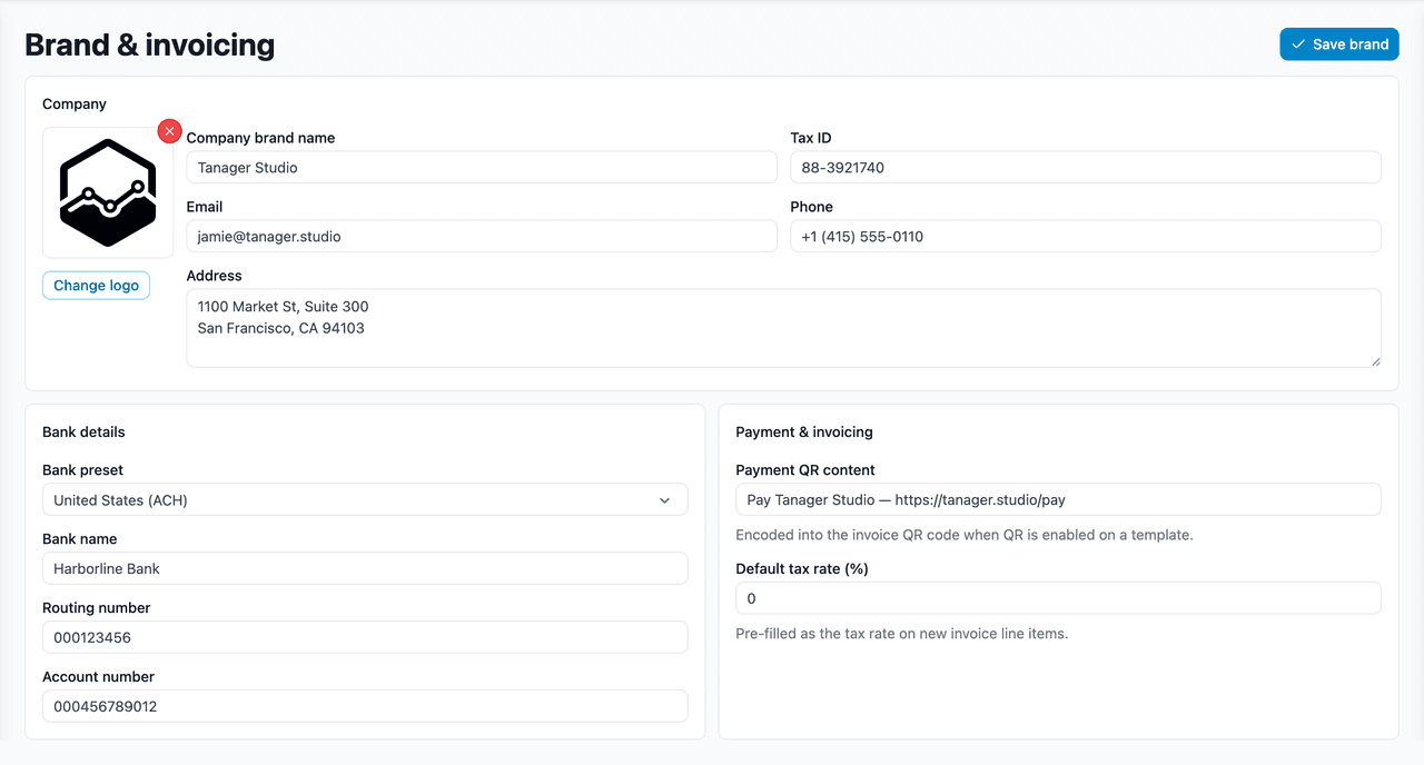 Brand settings — logo and colours applied across invoices and documents