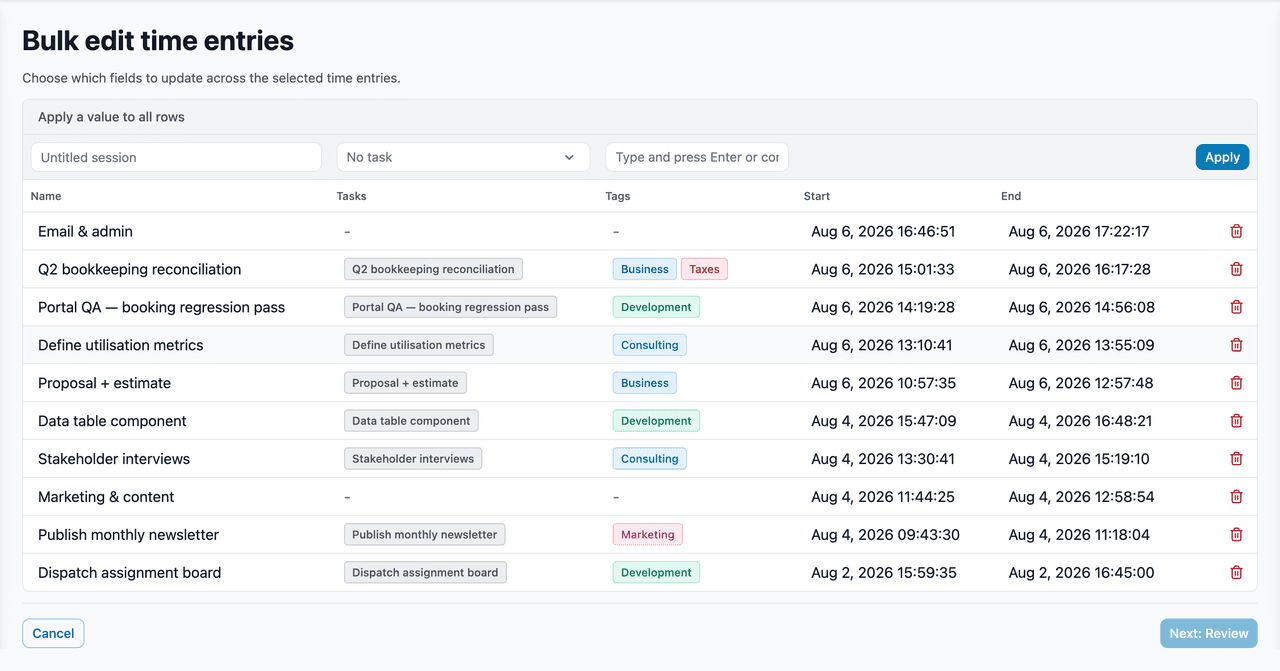 Bulk editing several time entries at once, changing shared fields