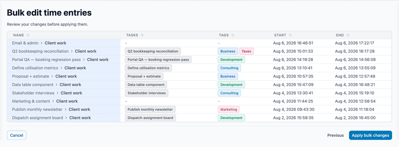 Reviewing the bulk time-entry changes before applying them