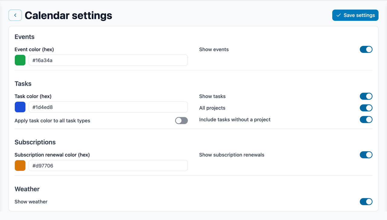 Calendar settings, with layer colours and imported calendars