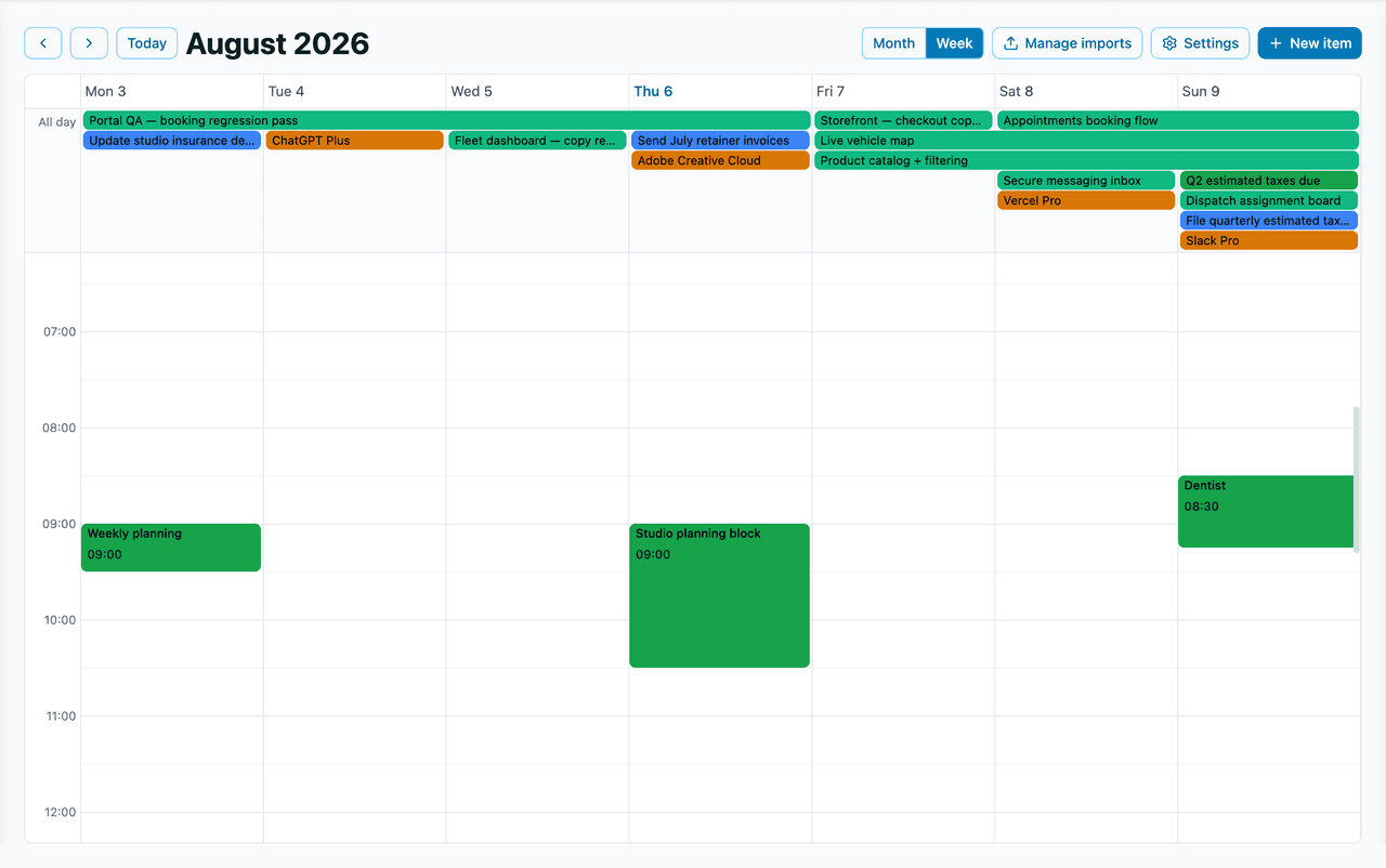 The calendar in week view