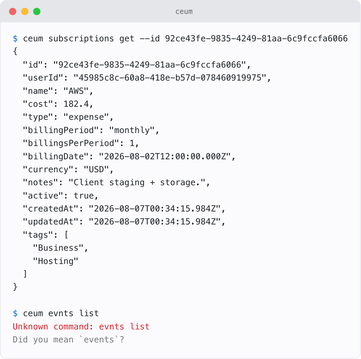 The ceum CLI printing one invoice as JSON, and an unknown command answered with a suggestion