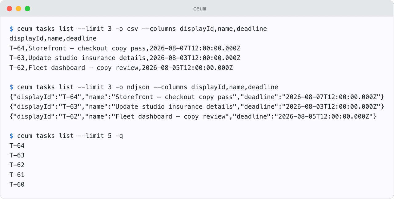 The same ceum CLI query returned as CSV, as NDJSON and as bare ids