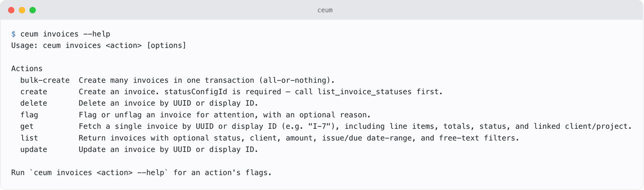 ceum invoices --help, listing the actions available on one resource
