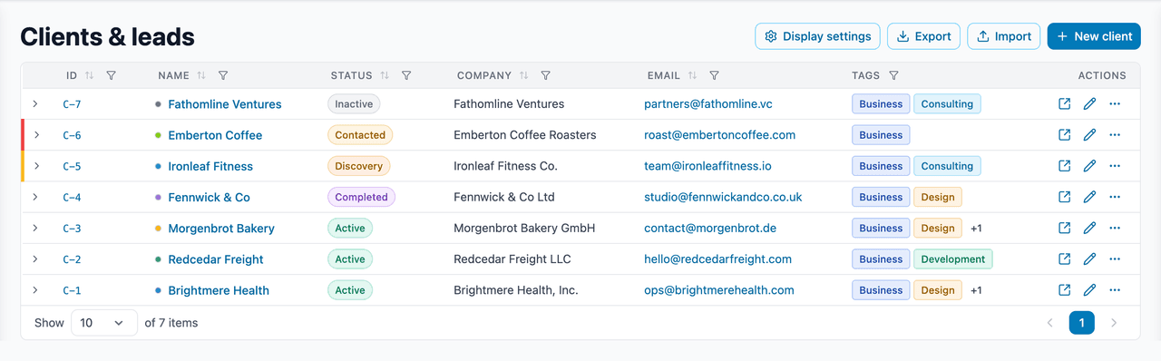 The clients and leads list, with each one's status, company and contact