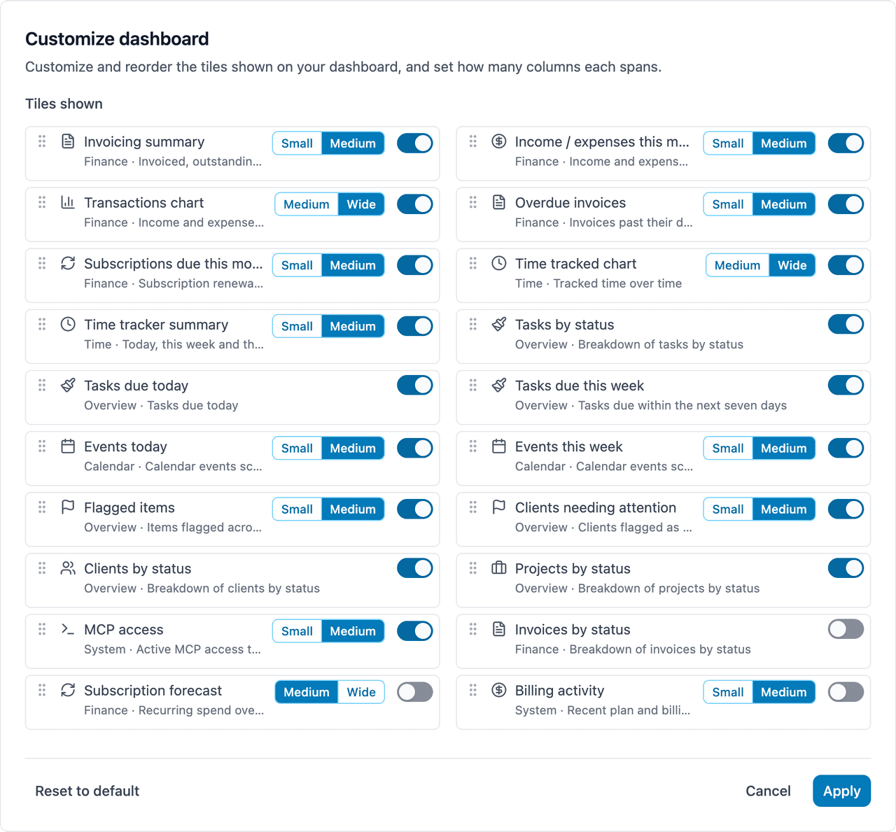 Customizing the dashboard — choosing which tiles appear, how wide they are, and in what order