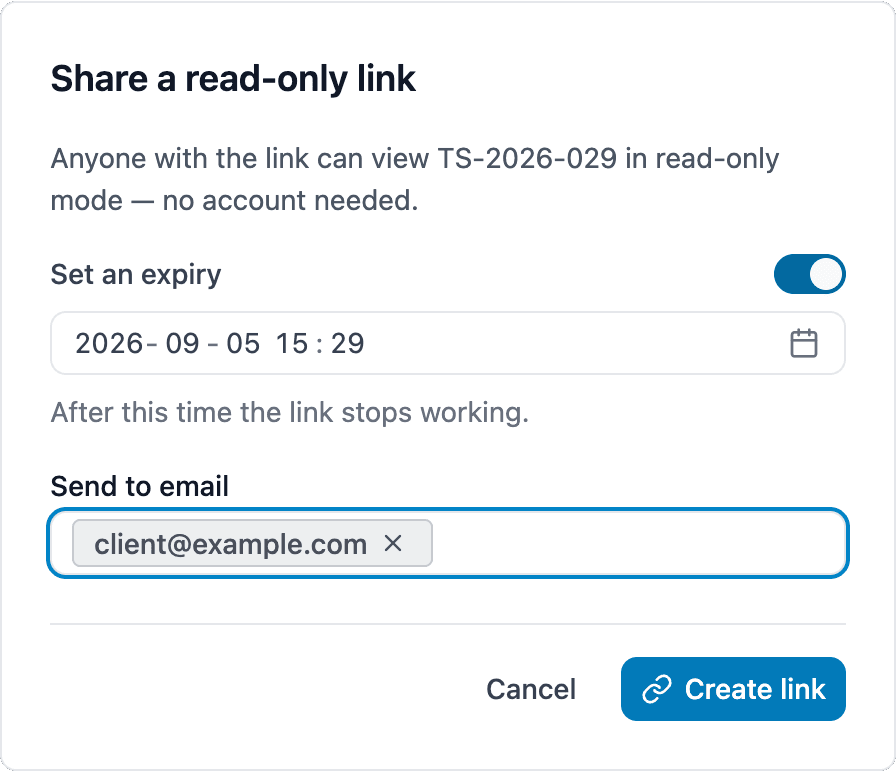 Creating a share link, choosing expiry and access before sharing