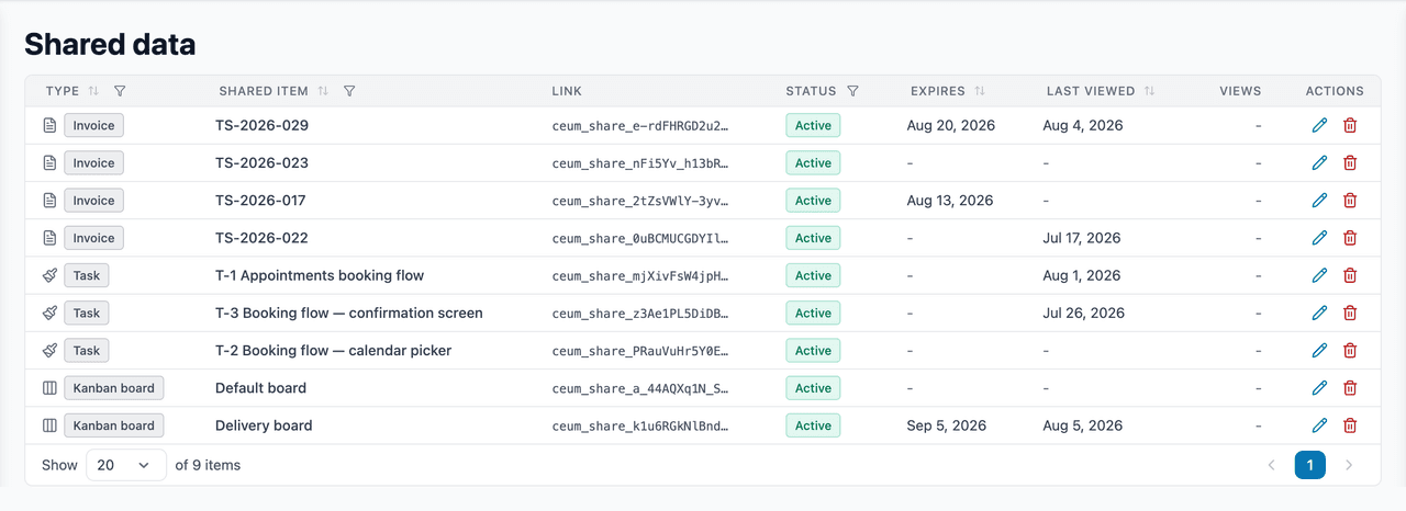 A read-only share link for an invoice, with its access controls