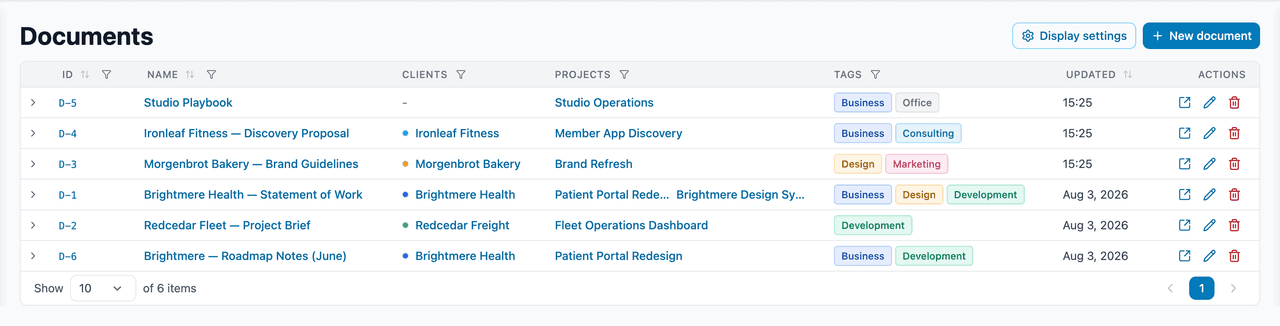 The document list, with the clients and projects each document belongs to