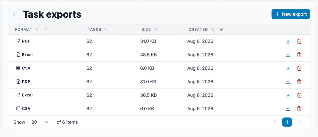 The exports page, listing generated files ready to download
