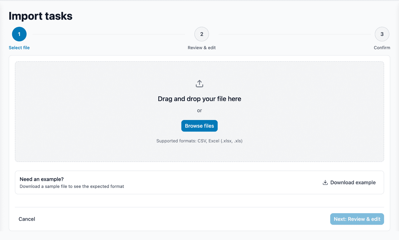 Importing tasks from a file, at the upload step