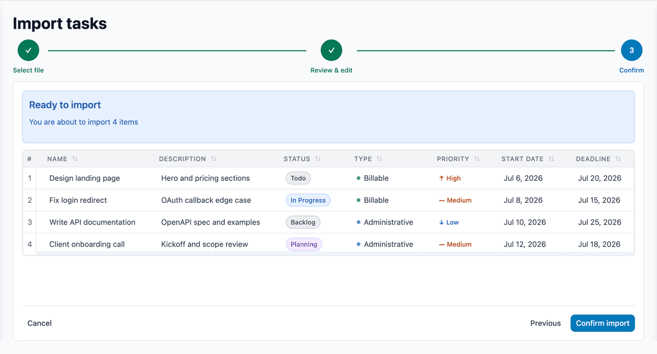 Confirming the tasks to import before they are created